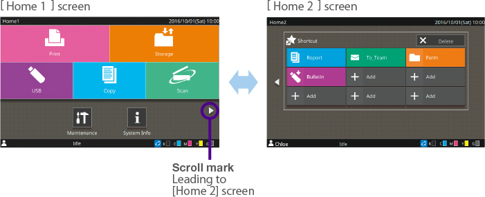 [ Home 1 ] screen:Scroll mark(Leading to [Home 2] screen).[ Home 2 ] screen