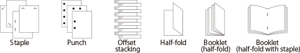 Staple,Punch,Offset
stacking,Half-fold,Booklet(half-fold),Booklet(half-fold with staple)