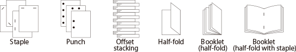 Staple,Punch,Offset
stacking,Half-fold,Booklet(half-fold),Booklet(half-fold with staple)