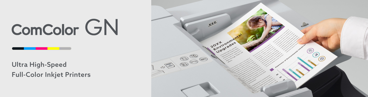 Banner of ComColor GN Ultra High-Speed Full-Color Inkjet Printers showing document scanning on the auto feeder