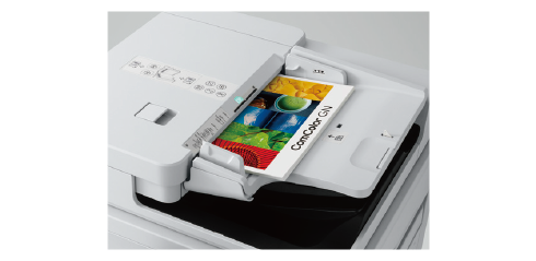 Documents being scanned in action on the optional Scanner HS10000 feeder tray.