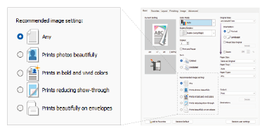 Printer driver software screen showing simplified one-click image settings.