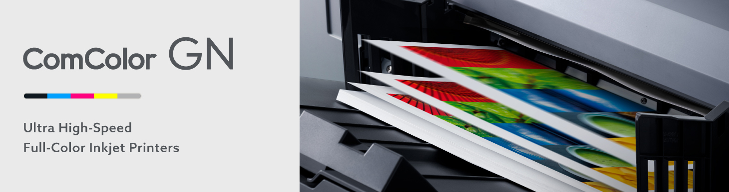 Banner of ComColor GN Ultra High-Speed Full-Color Inkjet Printers showing printed pages