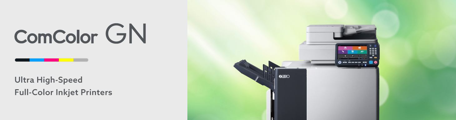 Banner of ComColor GN Ultra High-Speed Full-Color Inkjet Printers with eco-friendly background