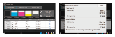 Touch panel UI screens showing energy and CO2 savings visualization feature.