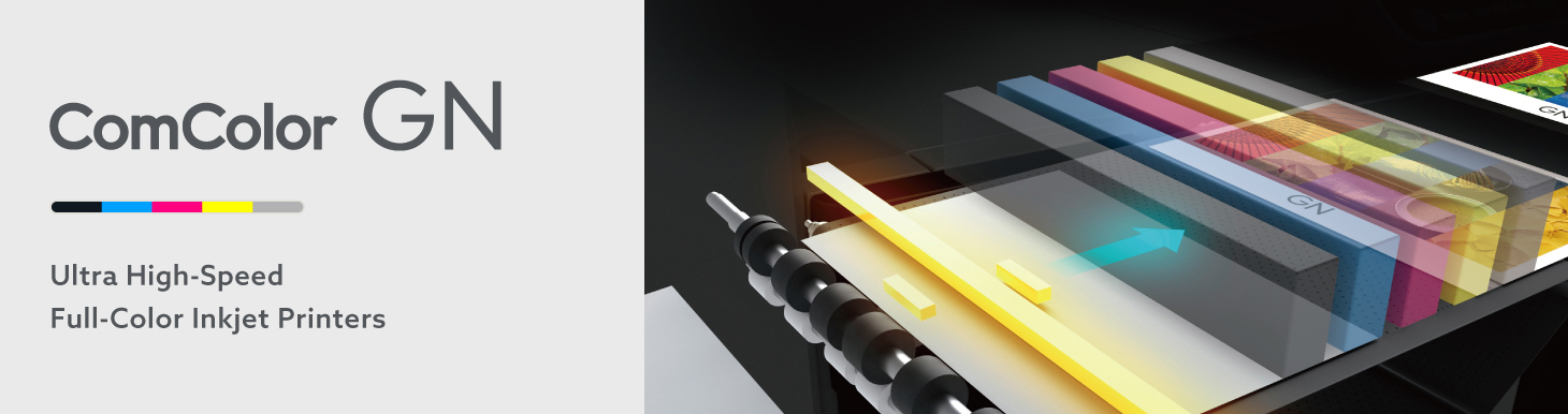 Banner of ComColor GN Ultra High-Speed Full-Color Inkjet Printers illustration of line inkjet head system