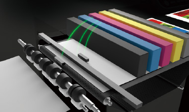 Illustration of Precise Paper Feeding Mechanism showing sensor-controlled real-time synchronization for accurate high-speed printing