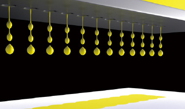 Illustration of Proprietary Oil-Based Pigment Ink demonstrating smooth ink droplet ejection for fast-drying, curl-free high-speed printing