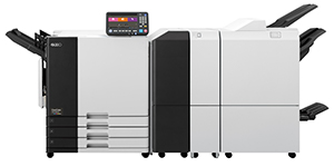Front view of RISO ComColor GN9830 printer with Multifunction Finisher FG20 and Folder Unit FG20.