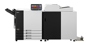 Front view of RISO ComColor GN9830 printer with Multifunction Finisher FG20 and Folder Unit FG20.