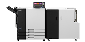 Front view of RISO ComColor GN9830 printer with Wrapping Envelope Finisher G10