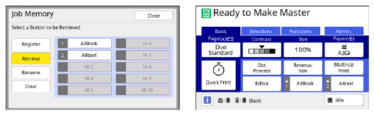 Touch panel display showing Job Memory screen and main operation menu for recalling saved print settings