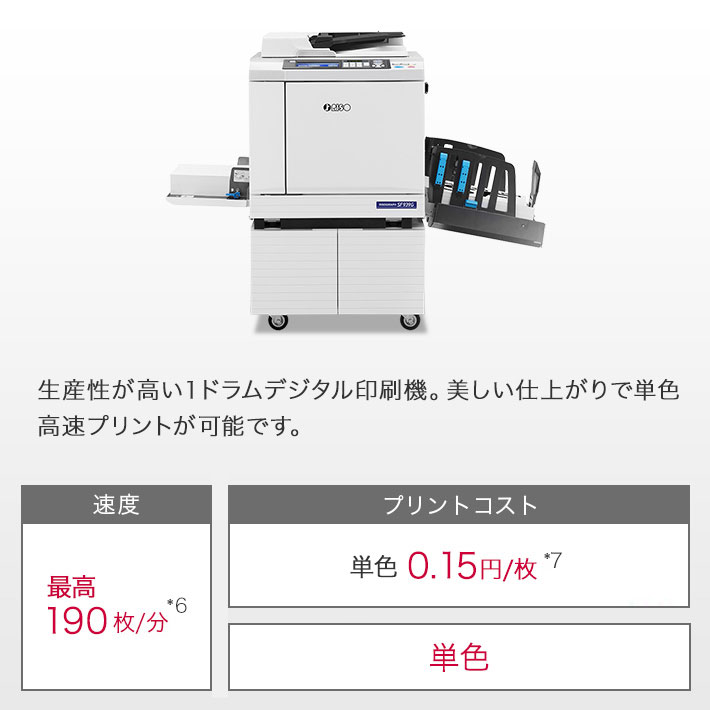 生産性が高い1ドラムデジタル印刷機。美しい仕上がりで単色高速プリントが可能です。 速度 最高 190枚/分*6 プリントコスト 単色 0.17円/枚*7