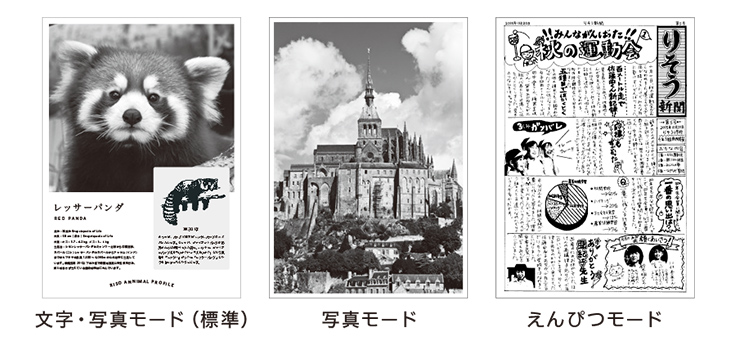 「文字・写真モード(標準)」「写真モード」「えんぴつモード」